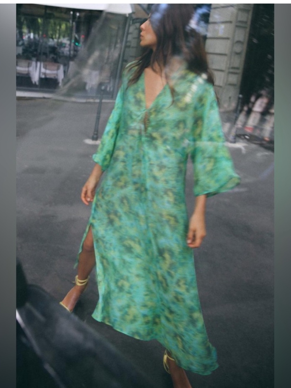 Zara Printed Beaded Dress Kaftan Lyocell blend lightweight Green M NWT